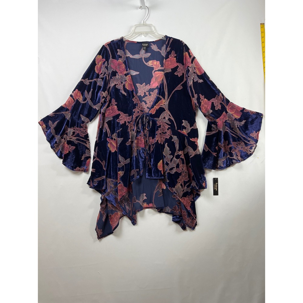 Lavanya Velvet Burnout Cardigan Women 2X Floral Tie Front Hippie Bell Sleeve